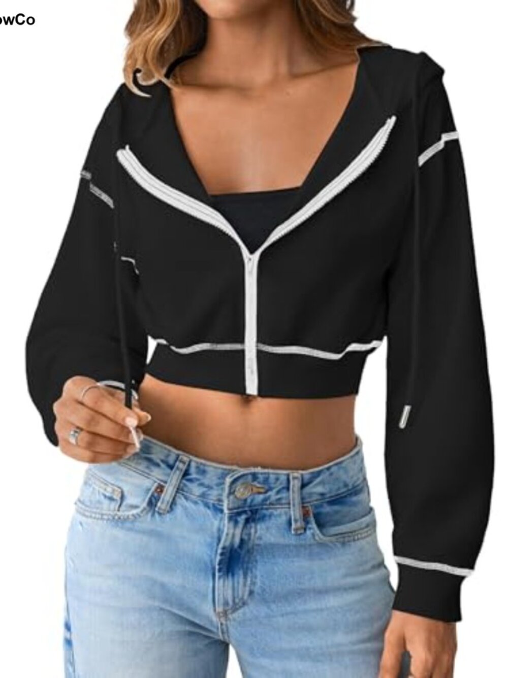 Cropped Zip Up Hoodie Contrast Trim Long Sleeve Jacket